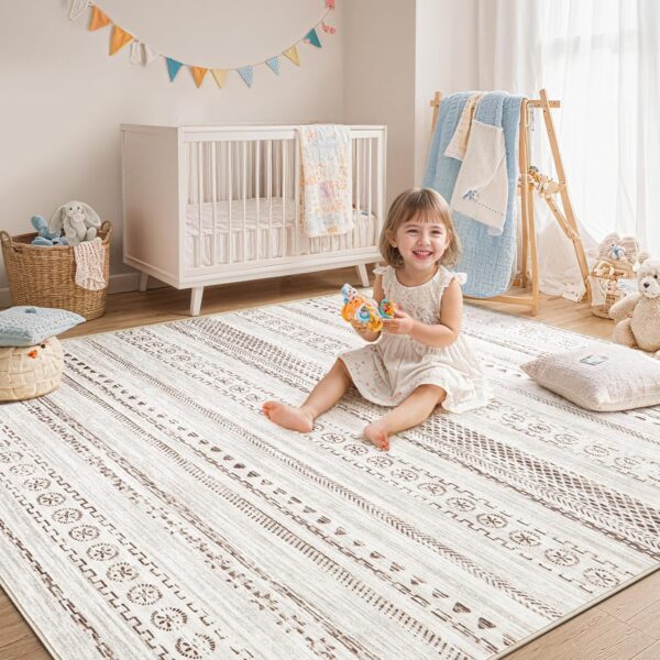 Area Rug Living Room Rugs - 5x7 Washable Boho Farmhouse Bohemian Neutral Large Rug Moroccan Geometric Soft No Slip Indoor Rug Thin Floor Carpet for Bedroom Under Dining Table Home Office - Brown - Image 6