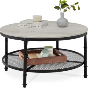 Best Choice Products 2-Tier 35.5in Round Industrial Coffee Table, Rustic Steel Accent Table for Living Room, w/Wooden Tabletop, Reinforced Crossbars, Padded Feet, Open Shelf, Raised Bottom - Gray