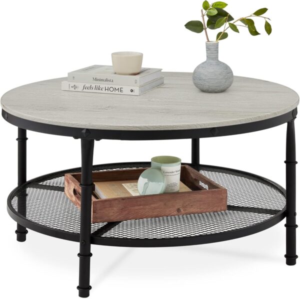 Best Choice Products 2-Tier 35.5in Round Industrial Coffee Table, Rustic Steel Accent Table for Living Room, w/Wooden Tabletop, Reinforced Crossbars, Padded Feet, Open Shelf, Raised Bottom - Gray