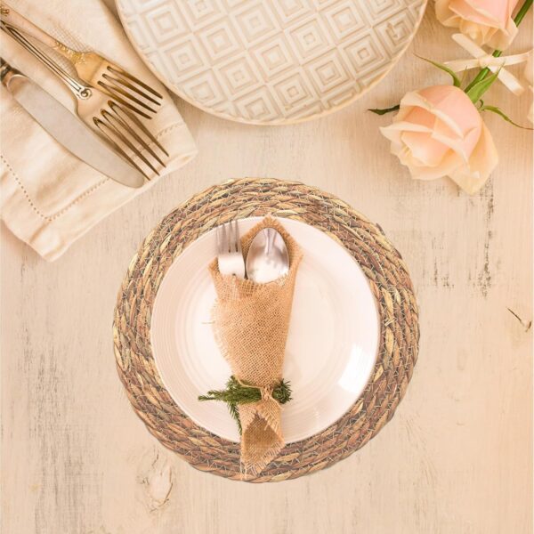 Round Woven Placemats Set, Farmhouse Boho Placemats, Wipeable Heat Resistant Placemats, Handmade Non Slip Circle Placemats for Dining Table, Wedding, Kitchen Placemats, 12 inches, 6 Pack - Image 4