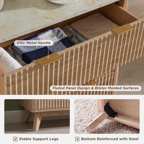 T4TREAM Fluted 5 Drawers Dresser, 48" Tall Modern Chest of Drawers with Faux Marble Top, Curved Profile Design, Wood Drawer Organizer for Bedroom, Living Room, Hallway, Entryway, Natural Oak - Image 6