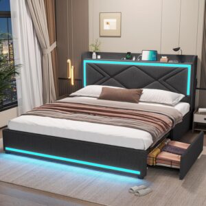 LED Full Bed Frame with Storage Headboard, Modern Upholstered Platform Bed with Type-C & USB Charging Station and 4 Drawers, Solid Wooden Slats, No Box Spring Needed, Dark Grey