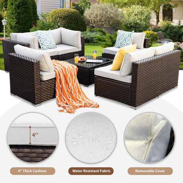 6 Pieces Outdoor Patio Furniture Set, Wicker Patio Conversation Set, Patio Sectional Furniture Set with 2 Swivel Rocker Patio Chair and Sofa, 2 Ottomans and Coffee Table (Grey) - Image 7