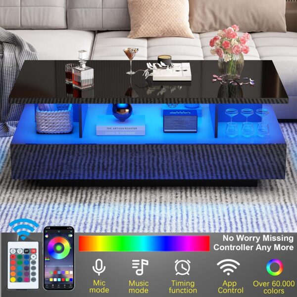 LED Coffee Table w/ 2 Storage Drawers,App Control,High Glossy Modern Black Coffee Table w/60,000-Color Lights,Rectangle 2-Tier Center Table w/Display Shelf for Living Room - Image 3