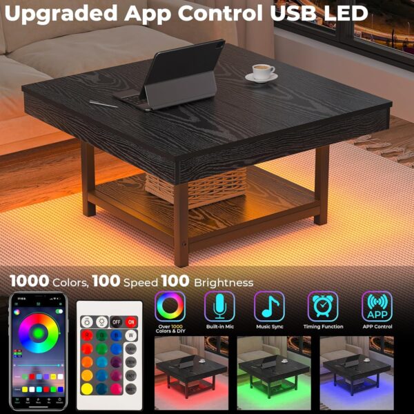Coffee Table for Living Room Square LED Coffee Tables with Storage 31.5 inch Modern Farmhouse Center Table with Half Split Tabletop, Black - Image 6