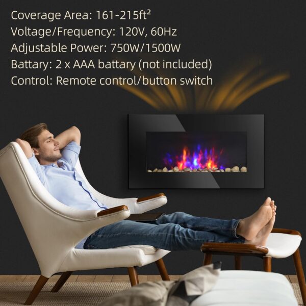 HOMCOM 28.5" 1500W Electric Wall-Mounted Fireplace with Flame Effect, 7 Color Background Light, Black - Image 6