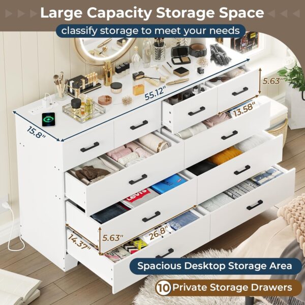 DICTAC White Bedroom Dresser with 10 Drawers, Large Chest of Drawers Storage Organizer, Long Dresser TV Stand with Power Outlets, Wide Dresser for Bedroom, Living Room (55.1" W x 32.3" H x 15.8" D) - Image 3