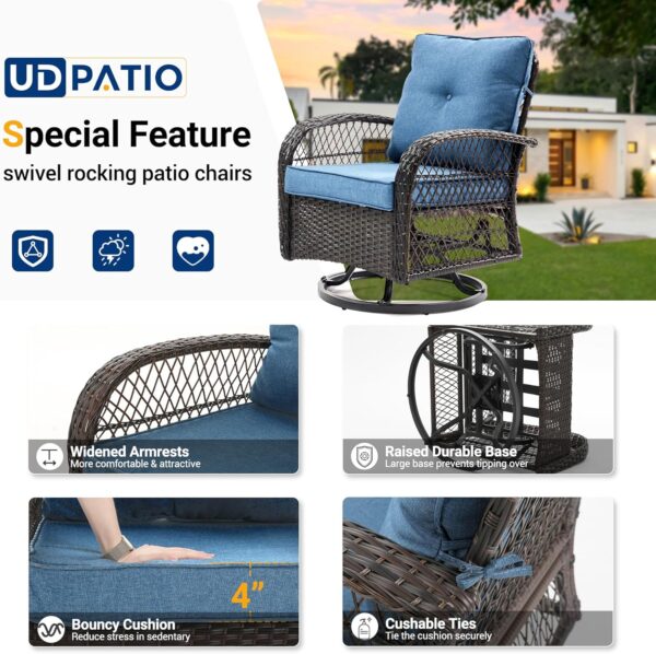 UDPATIO 3 Pieces Patio Furniture Set, Outdoor Swivel Gliders Rocker, Wicker Patio Bistro Set with Rattan Rocking Chair, Glass Top Side Table and Thickened Cushions for Porch Deck Backyard (Blue) - Image 6