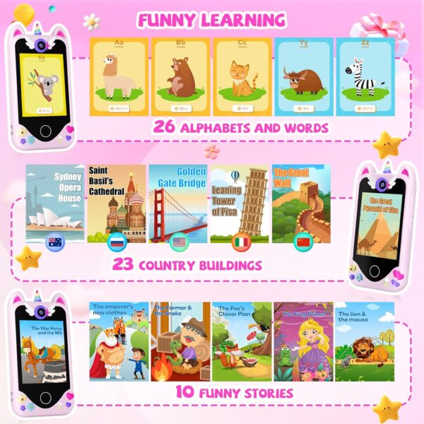 Kids Smart Phone for Girls Gifts - Toddler Christmas Birthday Gift for Age 3 4 5 6 7 8 9 10 Year Old, Kids Cell Phone Toy with Touchscreen, Dual Cameras, Learning, Music Player, Games with 32 GB Card - Image 5