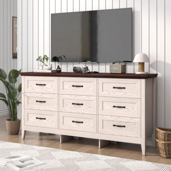 Farmhouse 9 Drawers Dresser, 63` Wood Dresser for Bedroom Wide Chest of Drawers, French Country Storage Double Dressers Organizer for Bedroom, Living Room, Nursery(Beige) - Image 2