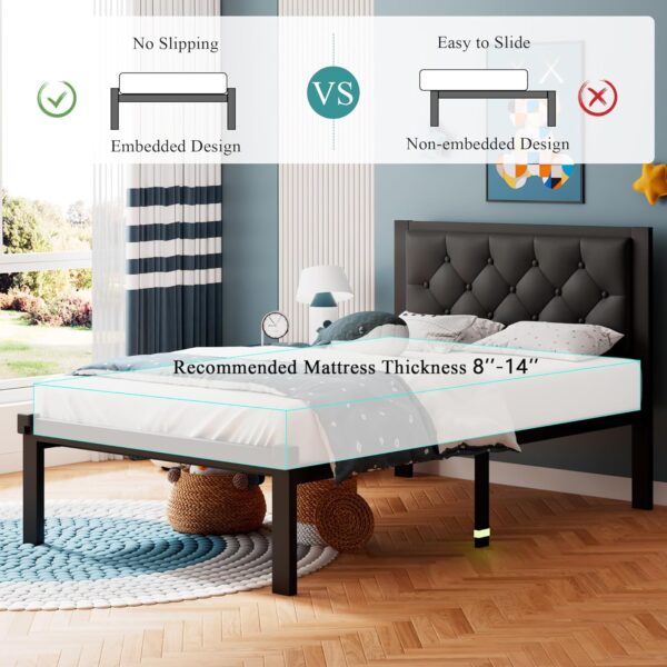 iPormis Twin Size Metal Bed Frame, Faux Leather Platform Bed Frame with Button Tufted Headboard, 12" Underbed Space, Steel Slats Support, Easy Assembly, No Box Spring Needed, Black - Image 7