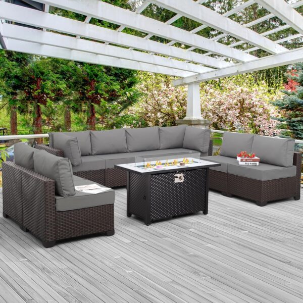 Valita 9-Piece Patio Rattan Furniture Set with Gas Fire Pit Table Outdoor Sectional Conversation Couch Brown PE Wicker Sofa with Washable Gray Cushions - Image 2