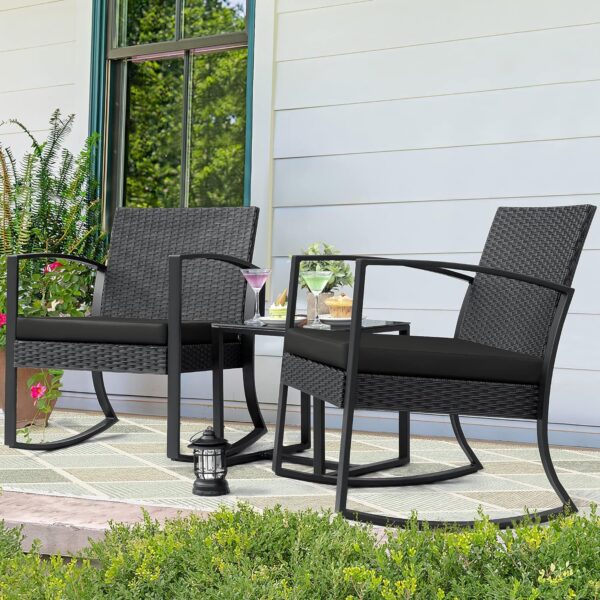 Homall Patio Furniture Set 3 Piece Resin Outdoor Bistro Set Rocking Patio Chairs with Cushions and Table for Porch, Poolside, Balcony and Yard (Black) - Image 6