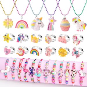 Little Girls Jewelry Sets, Kids Jewelry for Toddler Girl Toys 3-5, Girls’ Play Rings Unicorn Necklaces Bracelets for Toddlers 4-6 6-8, Costume Dress Up Jewelry Childrens Gifts Age 3 4 6 7 8 5