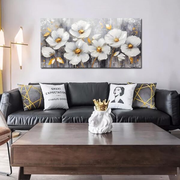 CIRABKY Flower Wall Art for Bedroom - White Wall Decor - Gold Wall Art for Living Room Office Artwork Canvas Pictures Size 20" x 40" - Image 4