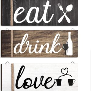 Jetec 3 Pcs Farmhouse Kitchen Wall Decor Eat Sign Rustic Wooden Kitchen Sign Wood Home Sign Eat Drink Love Sign with Hanging Hole for Home Kitchen Dining Living Room Bar Cafe Decor (Classic Color)