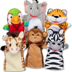 Melissa & Doug Safari Buddies Hand Puppets, Set of 6 (Elephant, Tiger, Parrot, Giraffe, Monkey, Zebra) Soft, Plush Animal Hand Puppets For Toddlers And Kids Ages 2+