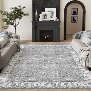 jinchan Area Rug 9x12 Washable Living Room Rug - Floral Print Vintage Large Rug Indoor Distressed Stain Resistant - Boho Carpet Thin Rug Bedroom Dining Room Office Farmhouse Grey