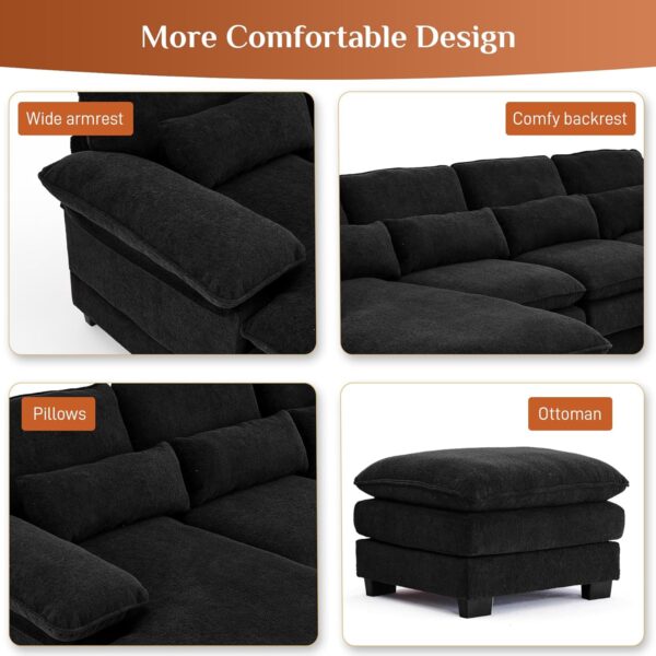 OUYESSIR 114" U Shape Sectional Sofa Cloud Couch for Living Room, Upholstery Comfy Modular Sofa, 4 Seat Chenille L-Shaped Sleeper Sofa with Chaise Lounge, Ottoman & Pillows,Black - Image 6