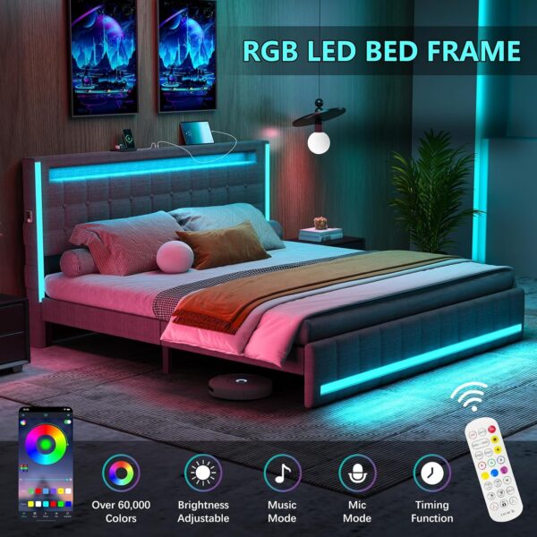 Queen Size Bed Frame with LED Lights and Charging Station, Upholstered Platform Bed with Adjustable Headboard, Queen Size Bed with Wooden Support and Footboard, No Box Spring Needed, Dark Grey - Image 3