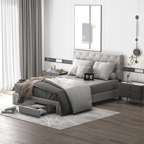 NSdirect Queen Size Bed Frame with Storage Drawer, Upholstered Velvet Platform Bed Frame with 2 Storage Drawers and Charging Station,Tufted Headboard, Grey Velvet