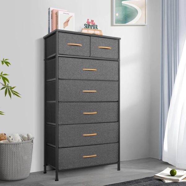 Tall Dresser for Bedroom, Vertical Storage Organizer Tower with 7 Drawers, Chest of Drawers with Fabric Bins, Steel Frame, Wood Top for Bedroom, Closet, Entryway- Grey - Image 2