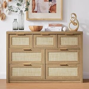 7 Drawer Dresser, Large Dresser for Bedroom, Rattan Chests of Drawers with Metal Handle and Wide Drawers, Wood Dressers Organizer TV Stand, 52.76" W x 17.72" D x 31.69" H