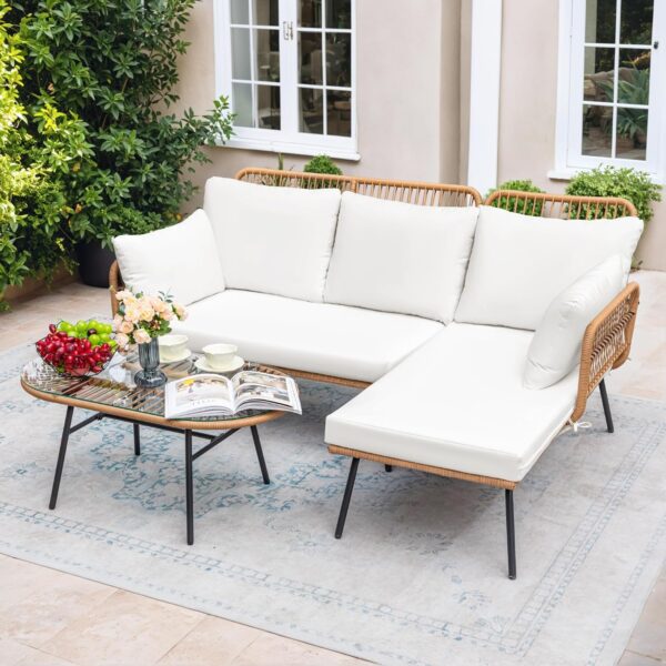 Greesum Outdoor Rope Woven Patio Furniture L-Shaped Conversation Sectional Sofa Set Detachable Lounger for Backyard Porch with Thick Cushions & Long Table, White - Image 2