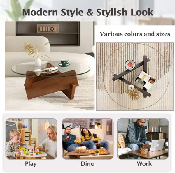 Coffee Table, Round Coffee Table for Living Room Modern Glass Coffee Table with Solid Wood Legs Farmhouse Mid Century Center Table Large Circle Cocktail Table (Walnut + Transparent, 31.5in) - Image 6