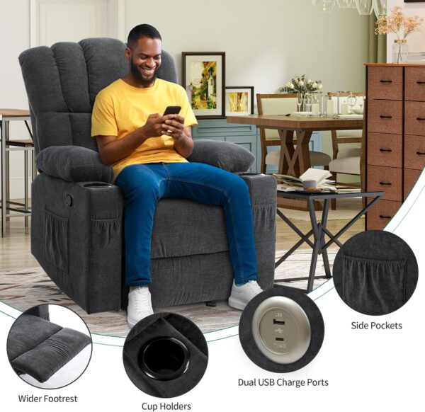DWVO Manual Recliner Chair with Massage and Heat, Fabric Recliner Chair with Overstuffed Armrest, Rocking Recliner with 2 Cup Holders, USB Charge Port and Side Pocket for Living Room, Grey - Image 5