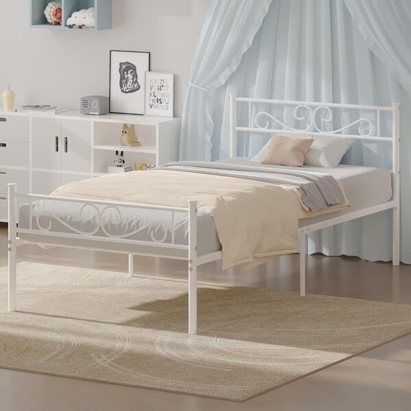 VECELO Twin Size Bed Frame with Headboard, 14 Inch Metal Platform Mattress Foundation, No Boxing Spring Needed, Squeak Resistant, Easy Assembly, White - Image 3