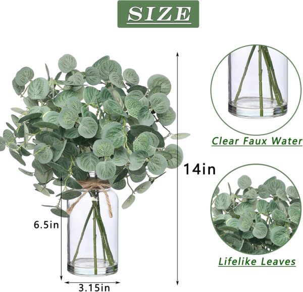 Artificial Eucalyptus Stems in Glass Vase with Faux Water, 14" Fake Plant Eucalyptus Leaves for Centerpiece Table Decorations Office Farmhouse Wedding Home Decor (Green) - Image 2