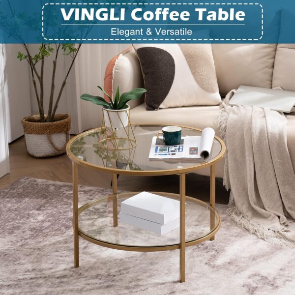 VINGLI 25.6" Round Gold Coffee Tables for Living Room, 2-Tier Glass Top Coffee Table with Storage Clear Coffee , Simple & Modern Center Table for Small Space - Image 3