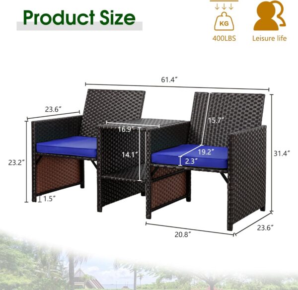 Shintenchi Wicker Patio Conversation Furniture Set with Detachable Chairs & Table and Two Removable Cushions,Rattan Wicker Lover Chair for Patio,Garden, Courtyard and Lawn Backyard (Blue) - Image 6
