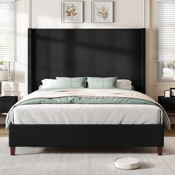 AMERLIFE King Size 62" Corduroy Upholstered Bed Frame, Luxurious Platform Bed with Extra Tall Wingback Headboard and Vertical Stripe, No Box Spring Needed/Solid Wood Slats & Legs/Black - Image 3