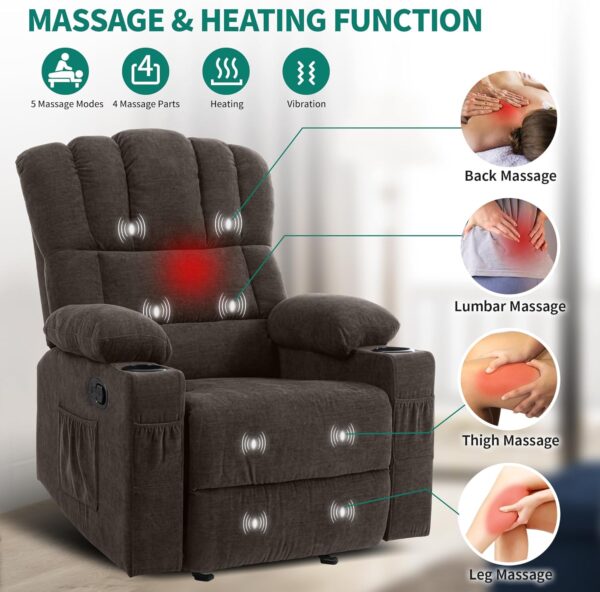 YITAHOME Glider Rocker Recliner Chair with Massage and Heat, Fabric Recliner Chair,Manual Rocking Recliner Chair with 2 Cup Holders, USB Charge Port and Side Pocket,Brown - Image 3