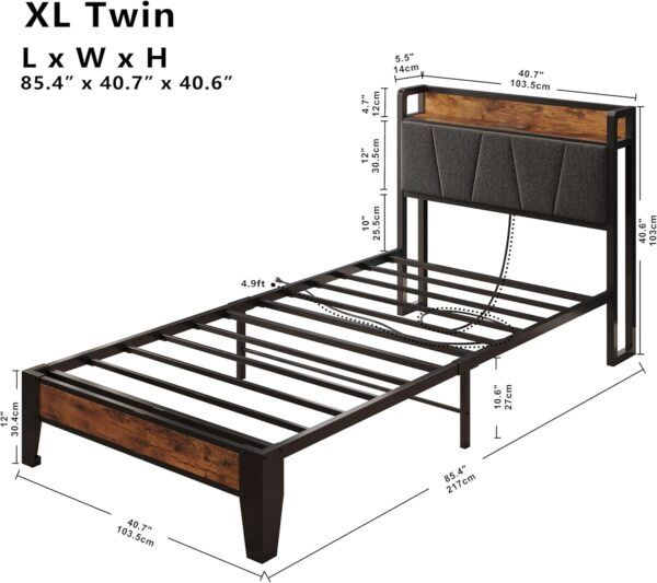 LIKIMIO Twin XL Bed Frames, Storage Headboard with Charging Station, Solid and Stable, Noise Free, No Box Spring Needed, Easy Assembly - Image 2