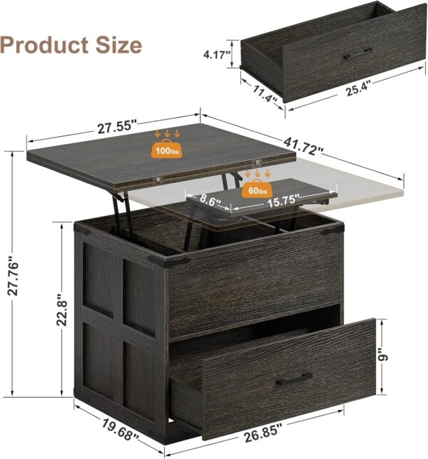FABATO Lift Top Coffee Table, Farmhouse Coffee Table, Convertible Coffee Table with Storage and Drawer, Multifunctional Center Table Converts to Dining Game Table for Living Room, Dark Gray - Image 3