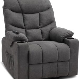 Power Lift Recliner Chair with Massage & Heat for Elderly, Linen Fabric Lazy Recliner Sofa Chairs with Cup Holders/USB/Side Pockets for Living Room, Dark Grey