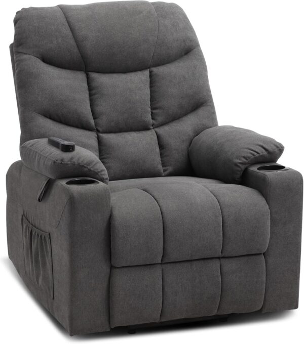 Power Lift Recliner Chair with Massage & Heat for Elderly, Linen Fabric Lazy Recliner Sofa Chairs with Cup Holders/USB/Side Pockets for Living Room, Dark Grey