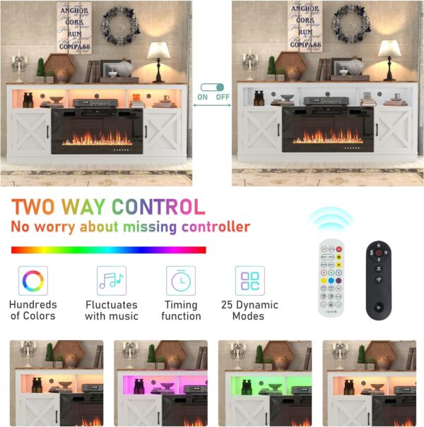Farmhouse Fireplace TV Stand for 70/75/80 Inch TV, 32”Tall Entertainment Center w/ 36”Electric Fireplace & LED Light, 70”Media Console w/Barn Door Cabinet for Living Room, White - Image 5