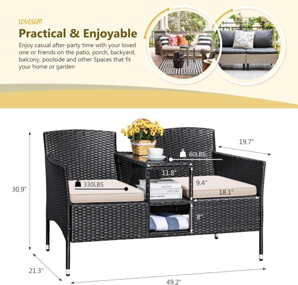 Devoko Outdoor Patio Loveseat Modern Rattan 2-Seat Patio Conversation Set with Cushions & Built-in Coffee Table Porch Furniture for Garden Lawn Backyard (Beige) - Image 7