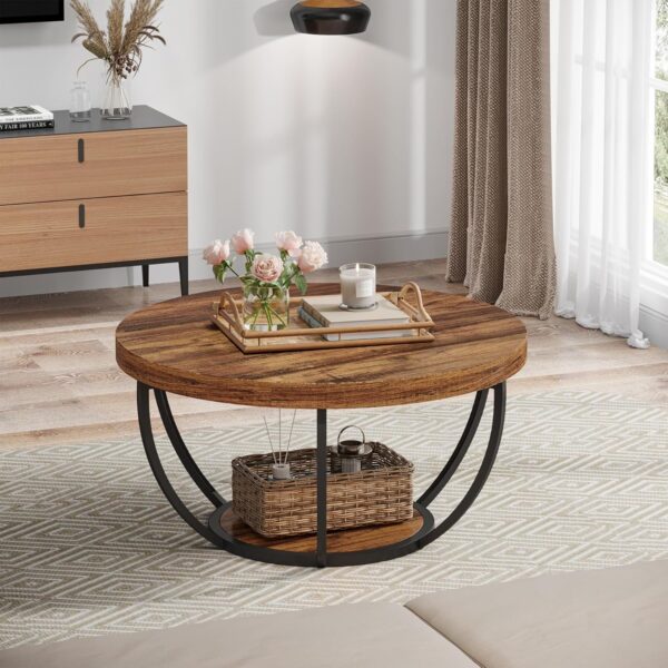 Tribesigns Round Coffee Table, Industrial 2-Tier Circle Coffee Table with Storage Shelves, Modern 31.7" Wooden Accent Center Table for Living Room, Home Office, Rustic Brown - Image 5
