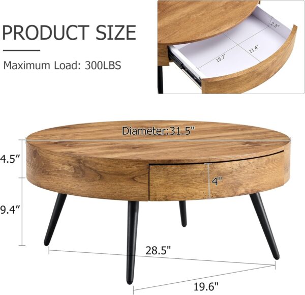 Wooden Coffee Table Modern Rectangular Coffee Table Rustic Center Table with Metal Leg for Living Room Reception Room Office (Brown (Drawer), Round) - Image 2