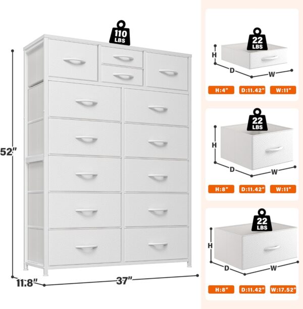 EnHomee Dresser, White Dresser for Bedroom with 14 Deep Drawers Tall Dresser for Girls Bedroom,Closet,Wooden Top,Sturdy Metal Frame, White 11.8" D x 37" W x 52" H - Image 2