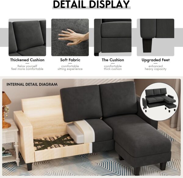 YESHOMY Convertible Sectional 3 L-Shaped Couch Soft Seat with Modern Linen Fabric, Space-Saving Sofas for Living Room, Apartment and Office, 70'', Dark Gray - Image 5