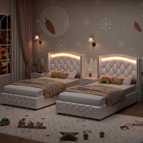 HIFIT Full Smart LED Platform Bed Frame with 4 Storage Drawers, Crystal Button-Tufted & Stainless Gold Trim Wingback Headboard, Modern PU Upholstered White /No Box Spring Needed/Easy Assembly - Image 7