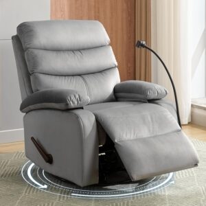 Swivel Rocker Recliner Chair for Adults, Rocking Recliner Chair, Manual Small Recliners for Small Spaces, Living Room, Nursery, RV, Light Grey