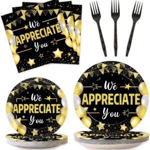 96Pcs We Appreciate You Party Plates and Napkins for Employee Staff Appreciation Black Gold Party Supplies Work Anniversary Themed Plate Thank You Tableware Set for Teacher 24 Guests Party Decorations