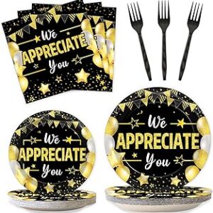 96Pcs We Appreciate You Party Plates and Napkins for Employee Staff Appreciation Black Gold Party Supplies Work Anniversary Themed Plate Thank You Tableware Set for Teacher 24 Guests Party Decorations